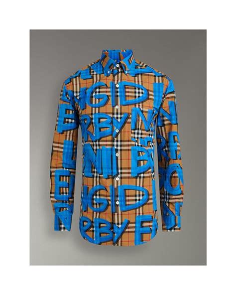 burberry graffiti mens|Burberry Blue Graffiti Print Vintage Check Shirt for men.